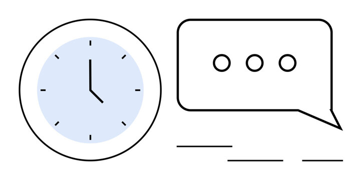 Analog clock alongside a speech bubble with ellipses expressing communication, scheduling, ideas. Ideal for productivity, meetings, deadlines, organization, collaboration, planning simple flat
