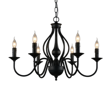 Black chandelier with candle shaped bulbs transparent background cutout png