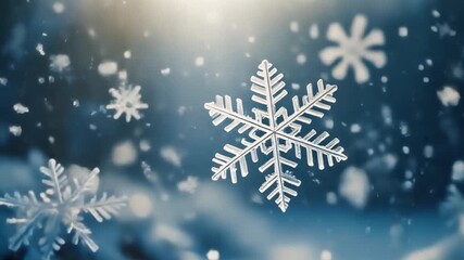Delicate winter snowflakes falling gently in cold air captured in macro detail creating serene seasonal mood
