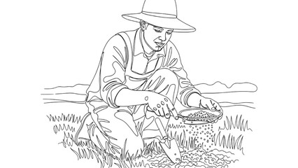 High-quality black continuous line art of farmer examining soil, sustainability, agriculture, close-up illustration