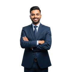 Confident businessman smiling with arms crossed standing against a black backdrop professional attire transparent background