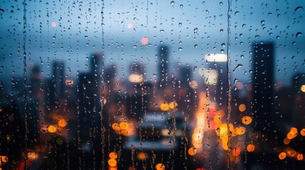 Raindrops on a window with a blurred cityscape in the background at night