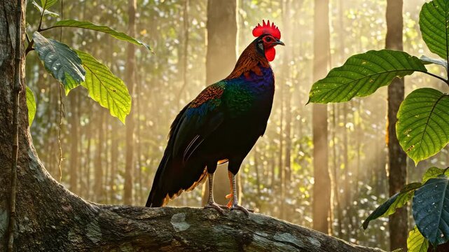 A brightly lit jungle fowl perches on a branch in a sunny forest