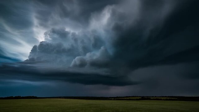 A dramatic supercell thunderstorm looms over a flat, green landscape under a dark, turbulent sky.