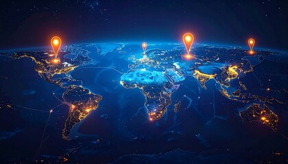 Illuminated digital world map with glowing location markers pinpointing key areas. Bright lights suggest global connectivity