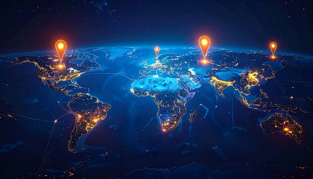 Illuminated digital world map with glowing location markers pinpointing key areas. Bright lights suggest global connectivity - Powered by Adobe