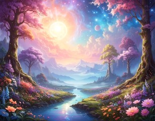 A vibrant, fantastical landscape with a river flowing towards mountains beneath a radiant sun and celestial bodies. Colorful trees and flowers adorn the scene