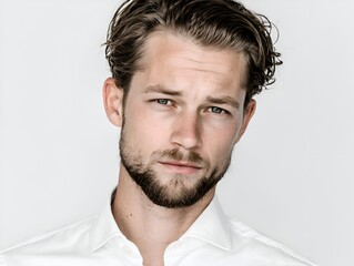 Fototapeta premium A handsome young man with wavy hair and a trimmed beard poses confidently in a white shirt against a clean, bright, studio background.