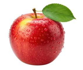 Red apple with green leaf transparent background cutout png