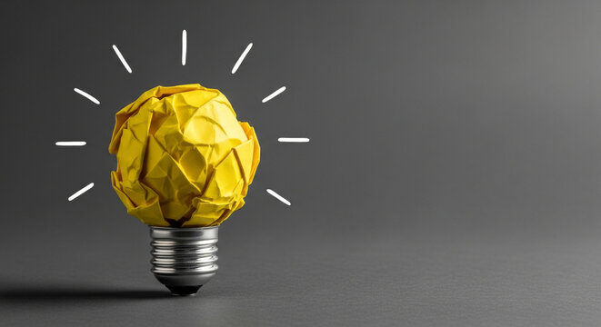 A vibrant yellow crumpled paper ball resembling a lightbulb rests on a dark gray surface, symbolizing a bright idea and creative concept. The image evokes innovation and inspiration.