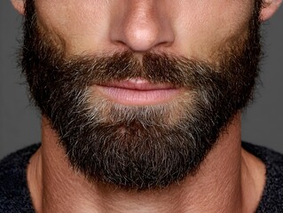 Obraz premium Close up of a man's face with a full beard showing details of the texture and the different colors of the hair in a studio setting.