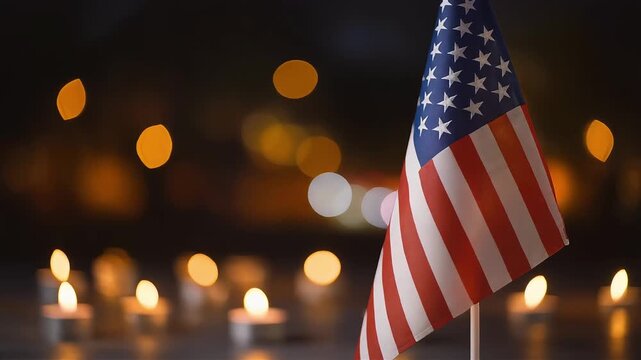 Flag with Red Stripes and White Stars Standing Among Illuminated Flickering Candles in a Solemn Night Setting with Warm Bokeh Lights