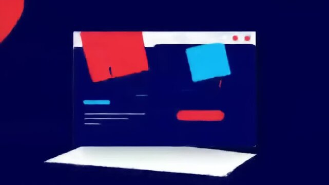 Abstract digital illustration of a laptop screen displaying colorful geometric shapes and website elements.
