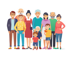 Fototapeta premium Families portraits set. Big happy multi-generational family siblings relatives portrait. Vector people. Seniors mother and father with babies, children grandchildrens and grandparents. Grandma grandpa