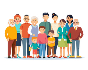 Families portraits set. Big happy multi-generational family siblings relatives portrait. Vector people. Seniors mother and father with babies, children grandchildrens and grandparents. Grandma grandpa