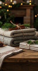 Folded blankets and linens with cinnamon sticks and evergreen sprigs on a wooden table near a tree