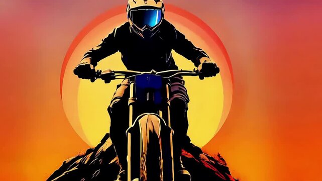 Sunset Moto Rush: Helmeted Rider with Blue Visor Art