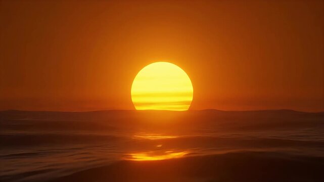 Golden sun setting over calm ocean horizon creating a vibrant reflection on the water