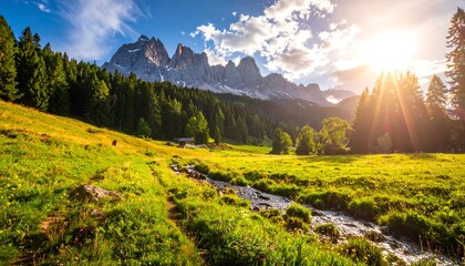 A vibrant mountain landscape showcasing lush greenery, a winding stream, towering peaks, and the sun's golden rays breaking through the clouds
