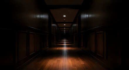 Fototapeta premium A dimly lit hallway with dark wood paneling and a shiny wooden floor leading into the darkness