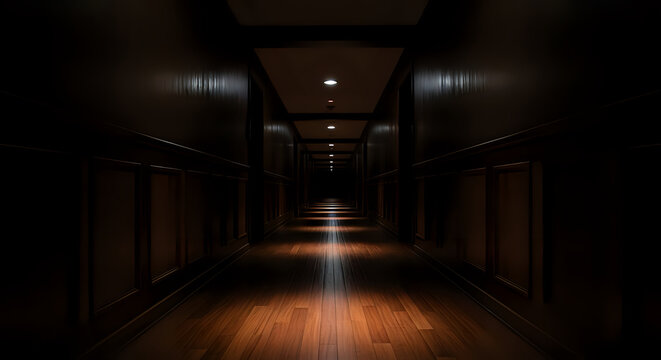 A dimly lit hallway with dark wood paneling and a shiny wooden floor leading into the darkness