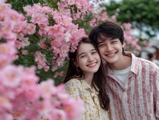 Fototapeta premium Happy young couple embraces, smiling brightly amidst a vibrant pink flower blossom tree on a beautiful, sunny, and refreshing day outside now.
