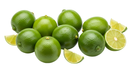 A group of fresh green limes with slices, perfect for refreshing summer drinks