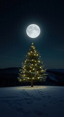 Illuminated christmas tree under a full moon in a snowy landscape at night with a dark sky