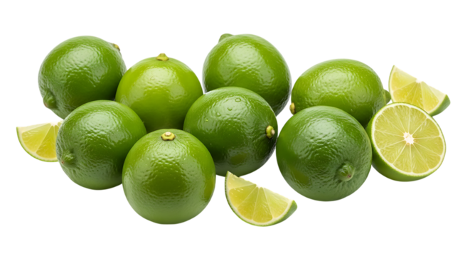 A group of fresh green limes with slices, perfect for refreshing summer drinks