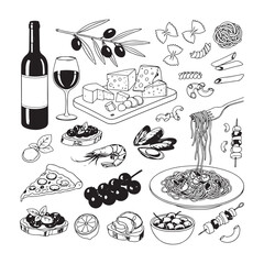 Hand-Drawn Crayon Mediterranean Food Illustrations, Wine and Pasta Vector