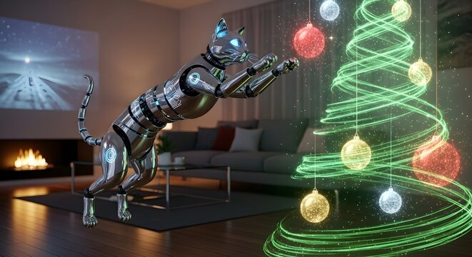A striking image featuring a sleek, metallic chrome robotic cat in a dynamic leaping pose, extending its paws toward glowing, colorful Christmas ornaments hanging from a bright, green spiral wireframe - Powered by Adobe