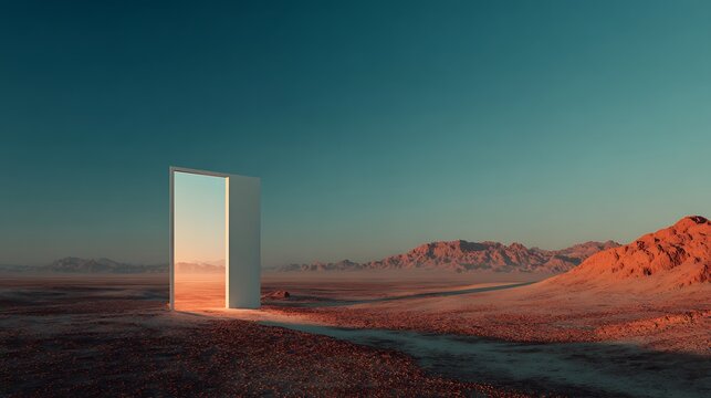Door to another world in desert landscape at sunset time with reflection