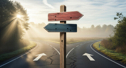 Fototapeta premium A crossroads with an old wooden signpost under sunlight filtering through trees, indicating two different directions on cracked asphalt roads in misty background.