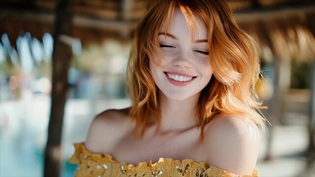 a pretty young woman with ginger hair wearing an off-the-shoulder dress, stands in front of a tiki bar