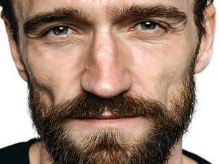 Obraz premium Close-up studio portrait reveals the intriguing details of a mature man's face, showcasing his beard and expressive eyes on white background.