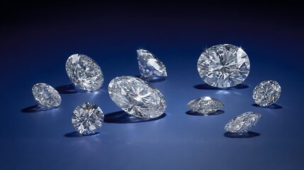 Collection of sparkling diamonds on a blue background for jewelry design
