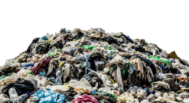 Pile of discarded clothing and textiles transparent background cutout png