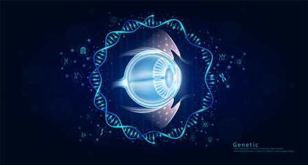 Genetic science medical. Eyeball organ hologram transparent inside the DNA RNA surrounded by chromosome nucleus cell icons on dark blue background. Banner vector.