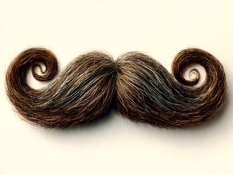 A whical handlebar mustache with intricate swirls and varying shades of brown and grey stands proudly against a creamy white background.