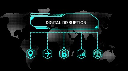 Digital Disruption concept with world map and icons representing global connectivity and business technology - Powered by Adobe