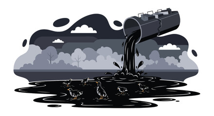 Flat vector illustration of oil leaking from damaged tanker, causing ocean pollution and harming marine life. Solid colors, no gradients, impactful environmental disaster artwork