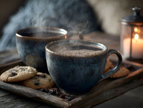 Steaming mugs of hot coffee and chocolate chip cookies are presented on a wooden tray beside a glowing candle for a cozy relaxation time. - Powered by Adobe