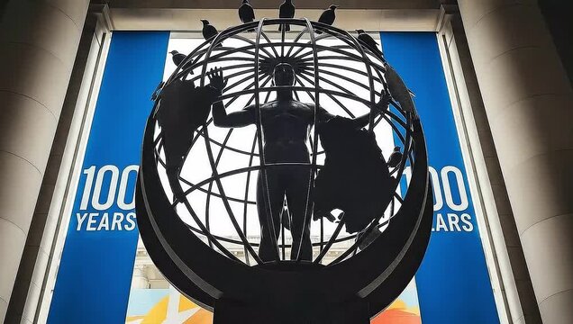 100 Years centenary art installation featuring a large globe and human figure sculpture.
