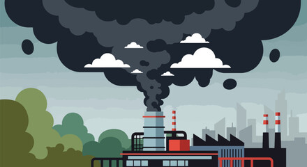 Flat vector explosion at chemical factory releasing dangerous toxic smoke into the sky. Solid tones, no gradients, strong environmental disaster and industrial pollution message