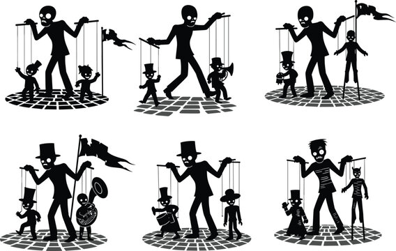 Puppet master silhouette controlling marionettes, symbolic manipulation, power dynamics, black and white vector illustration, cobblestone platform, cartoon style, dramatic concept