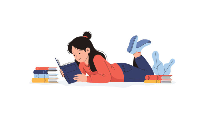 A happy young woman with dark hair lies comfortably on her stomach, engrossed in reading a book, surrounded by colorful stacks of literature.