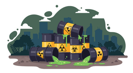 Flat vector barrels leaking radioactive nuclear liquid into soil, creating dangerous contamination and environmental risk. Solid colors, no gradients, strong toxic waste warning