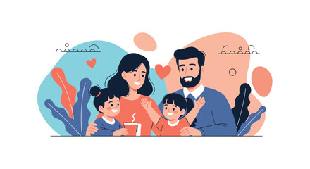 A cheerful family portrait featuring a loving mother, father, and their two happy daughters, surrounded by soft abstract shapes and foliage, conveying warmth and unity.