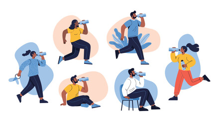 A diverse group of active people, including men and women, stay hydrated by drinking water from bottles while exercising or taking a break.