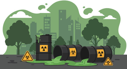 Flat vector barrels leaking radioactive nuclear liquid into soil, creating dangerous contamination and environmental risk. Solid colors, no gradients, strong toxic waste warning